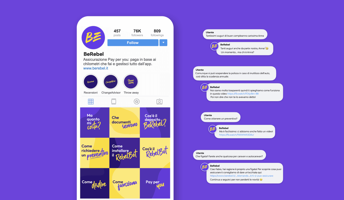 Mockup della pagina Instagram di BeRebel, con post informativi. Sulla destra sono riportati commenti degli utenti e le risposte di BeRebel.