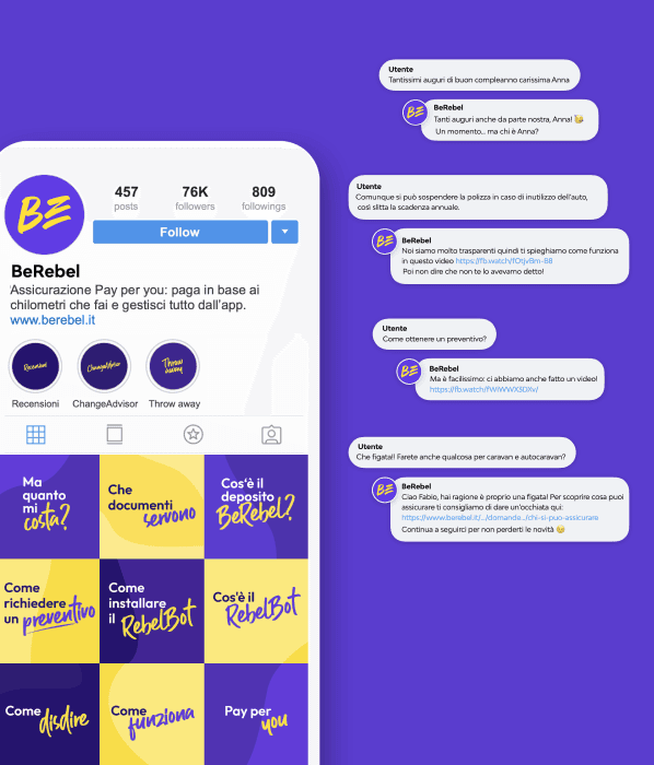 Mockup della pagina Instagram di BeRebel, con post informativi. Sulla destra sono riportati commenti degli utenti e le risposte di BeRebel.