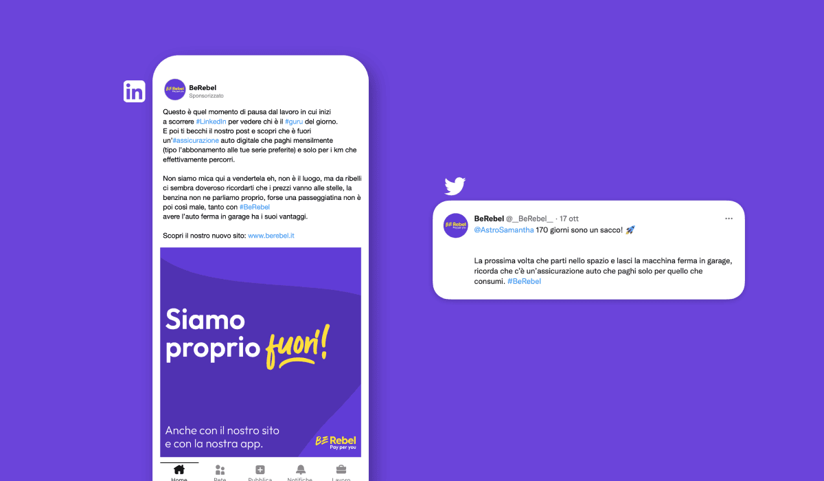 Schermate adiacenti di un tweet ed un post LinkedIn BeRebel che ironizzano sull'assicurazione auto.