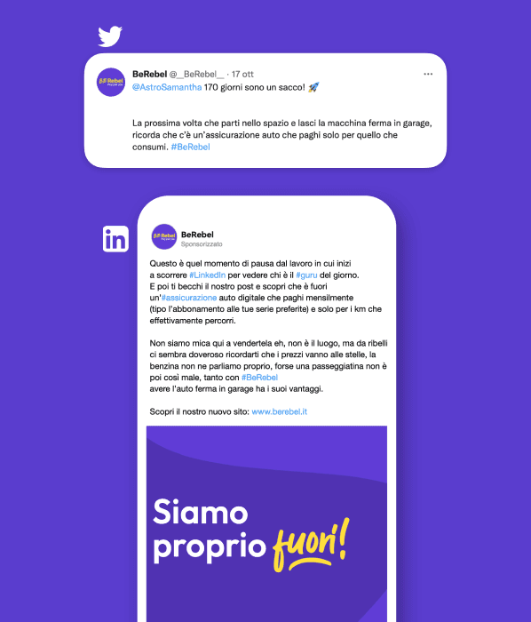 Schermate di un tweet ed un post LinkedIn BeRebel che ironizzano sull'assicurazione auto.