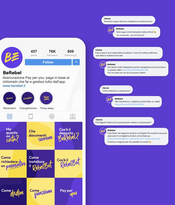 Mockup of BeRebel Instagram page with informative posts. On the right example of comments.