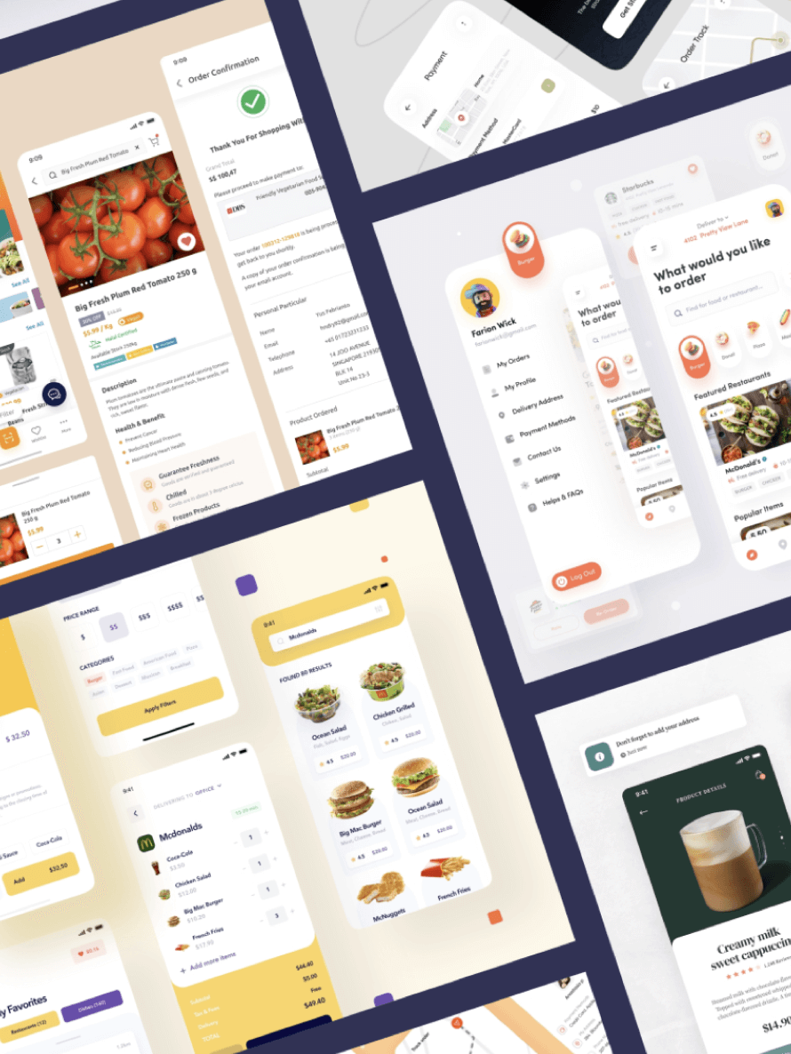 Mock-ups of several sections within MyMenu App. Made by Caffeina.