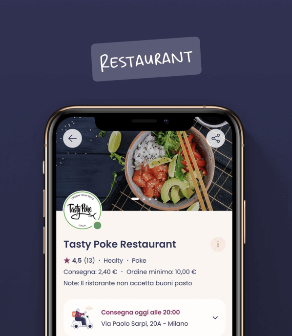 Mock-up of a restaurant page within MyMenu App. Made by Caffeina.