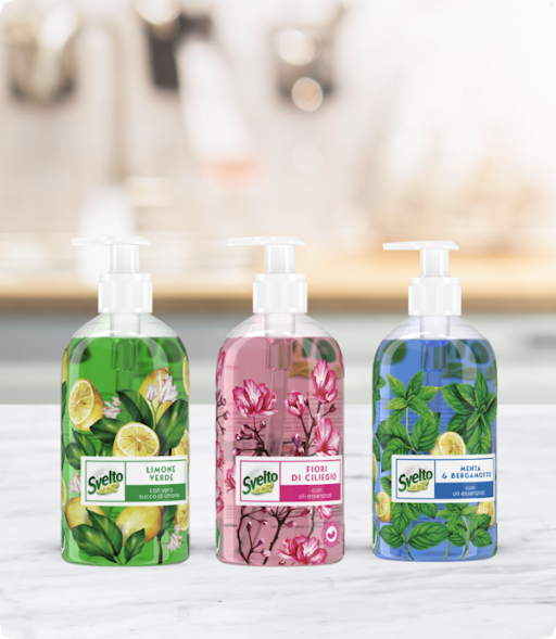 Three Svelto Pump of different colors, with illustrations of the three aromas: green lemon, cherry-tree, mint and bergamot. Made by Caffeina for Unilever.