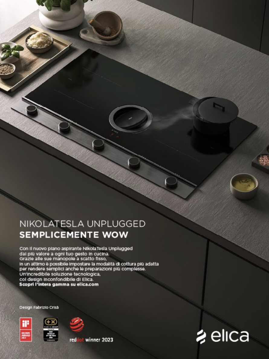 Promotional card showing the NikolaTesla Unplugged, the kitchen hood with ventilation. side view. Caffeina for Elica.