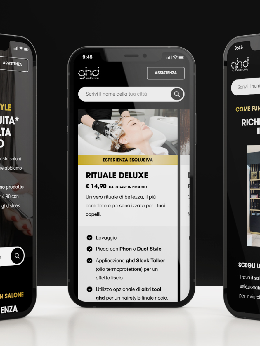 A smartphone showing the graphical interface new "Free Your Style" service. Dynamo and Caffeina for ghd.